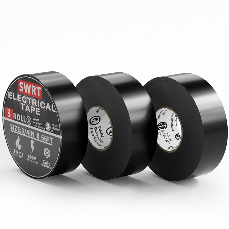 SWRT 0.75 in x 66 FT UL/CSA Listed Black Electrical Tape 7 mils -600V, 3 Pack Electric Tape Flame Retardant, Strong Adhesive, for Home DIY Electrical Repairs Professional Installations - Image 1